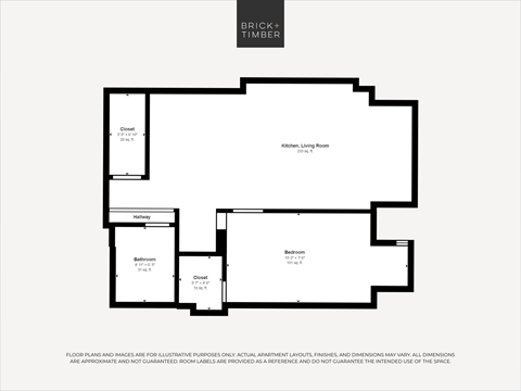 Floor plan for 1 bed, 1 bath, 408 sqft